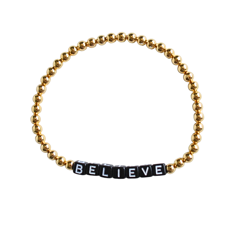 Dainty 4mm gold-filled beaded bracelet with dainty black cubed letter beads