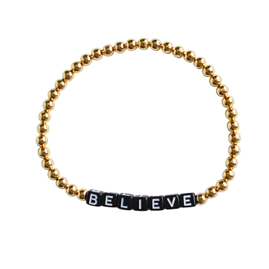 Dainty 4mm gold-filled beaded bracelet with dainty black cubed letter beads