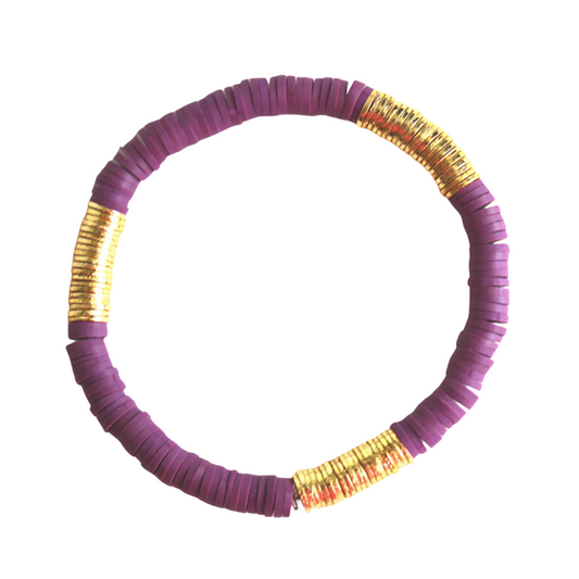 Single dark purple polymer clay stretch bracelet with gold flat beads. Easy to wear layering bracelet.