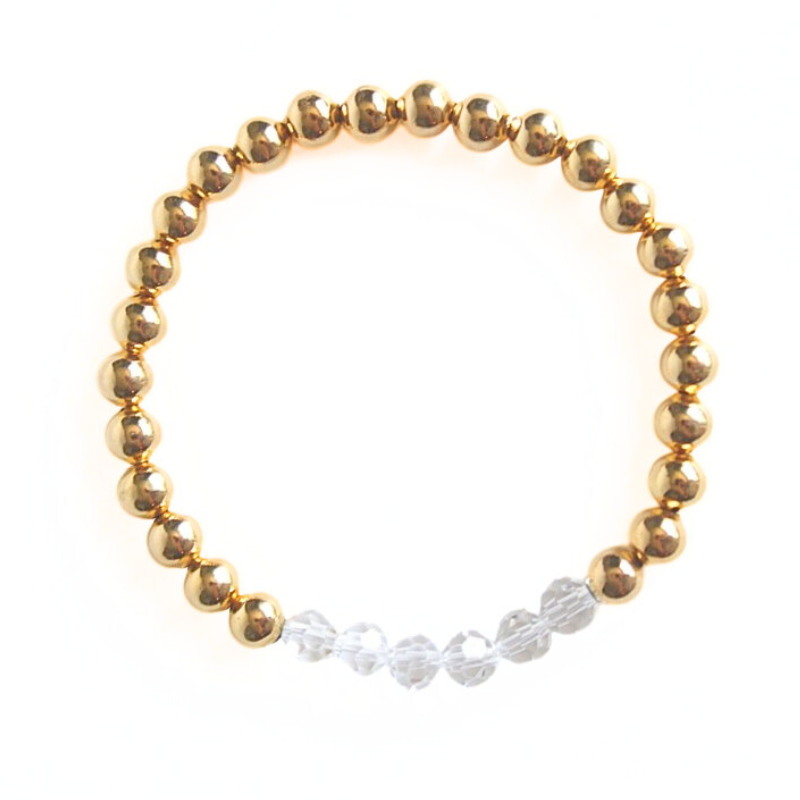 6mm gold-filled beaded stretch bracelet with clear faceted glass beads.