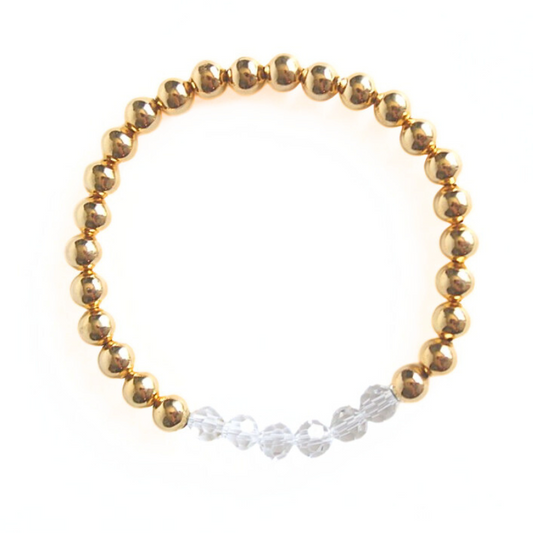 6mm gold-filled beaded stretch bracelet with clear faceted glass beads.