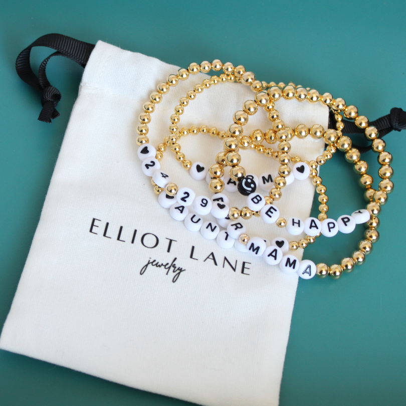 Mama 5mm Personalized Gold Beaded Bracelet with White Round Letter Beads