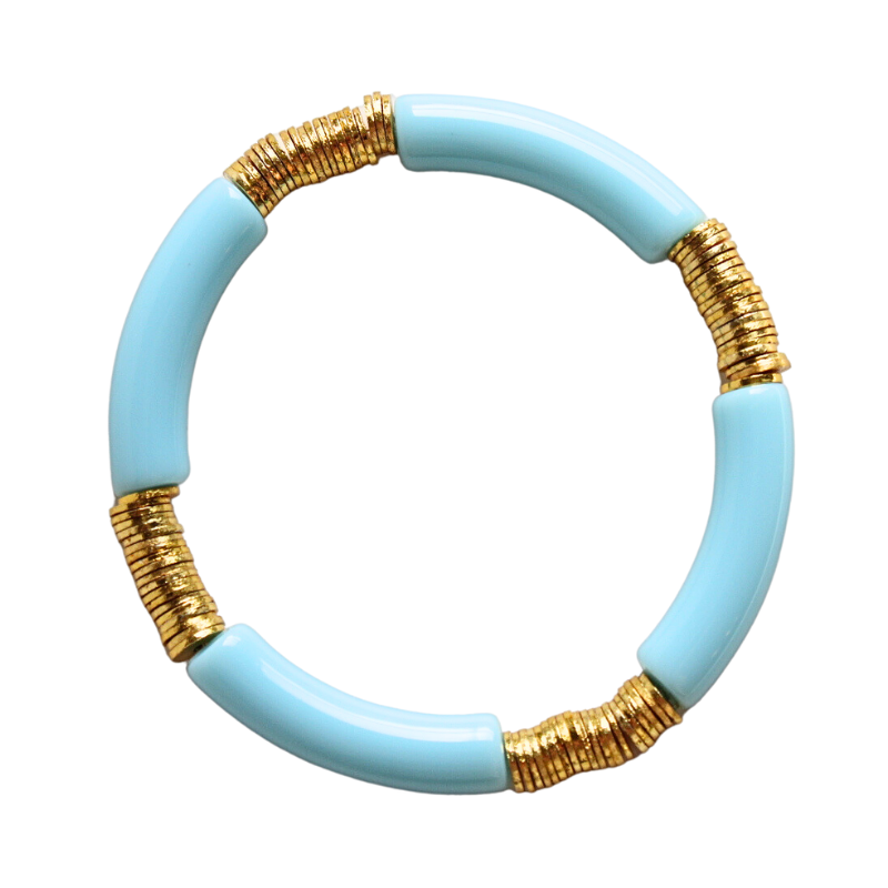Blue acrylic bangle with gold beads. Modern chunky bangle that is light and fun.