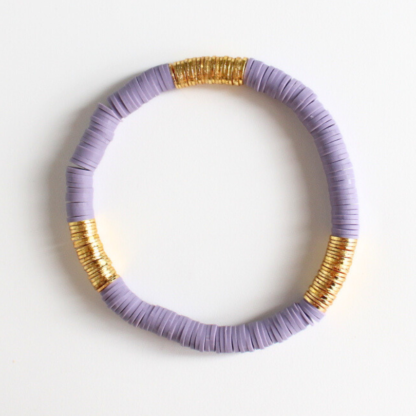 Purple polymer clay bracelet with gold flat beads