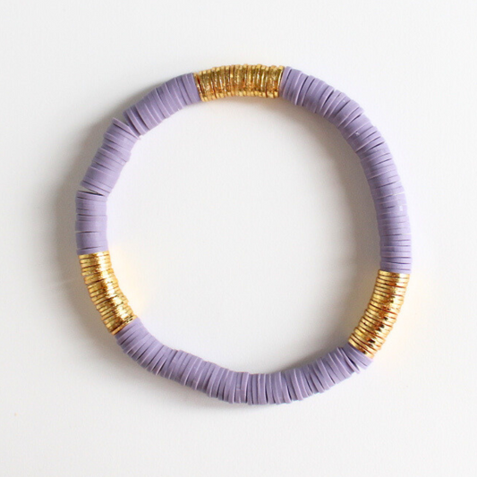 Purple polymer clay bracelet with gold flat beads
