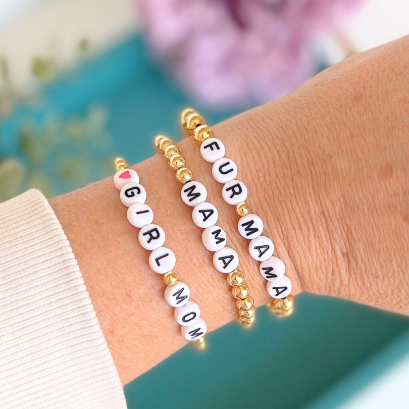 Mama 5mm Personalized Gold Beaded Bracelet with White Round Letter Beads