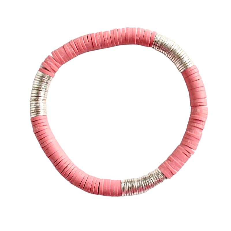 Single beaded neutral stretch bracelet for layering and stacking. Curated with pink mauve polymer clay beads and silver-plated flat beads, this classic bracelet will add a timeless look to any outfit or bracelet stack. Wear alone or add to any bracelet to create the perfect look.