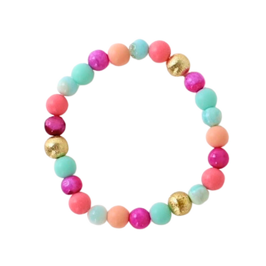 Pink and blue opal beaded bracelet styled with orange and coral acrylic beads and gold brushed beads