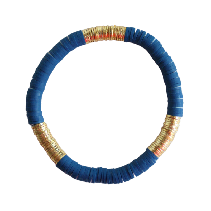 Single beaded neutral stretch bracelet for layering and stacking. Curated with navy blue polymer clay beads and gold-plated flat beads, this classic bracelet will add a timeless look to any outfit or bracelet stack. Wear alone or add to any bracelet to create the perfect look.