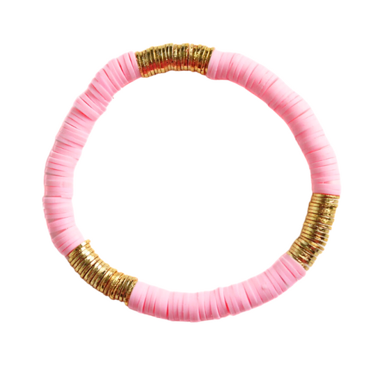 Light pink polymer African clay beaded stretch bracelet. Designed with gold-plated flat beads.
