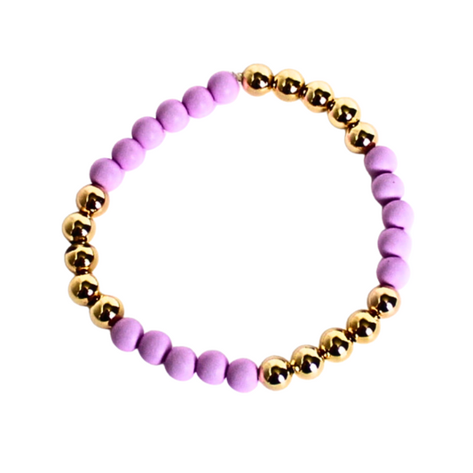 6mm lavender acrylic round beads with 6mm round gold filled beads. Girly and simple stretch bracelet.