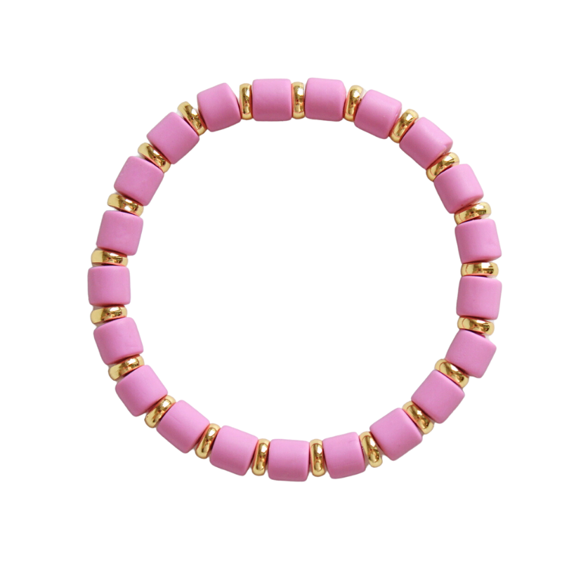 Purple wide polymer clay beaded bracelet with gold flats