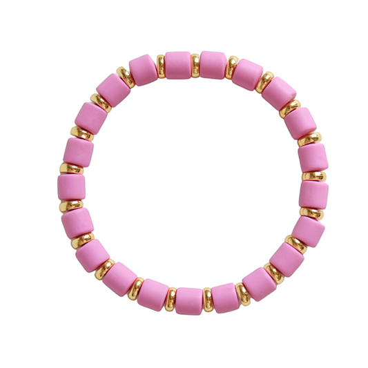 Purple wide polymer clay beaded bracelet with gold flats