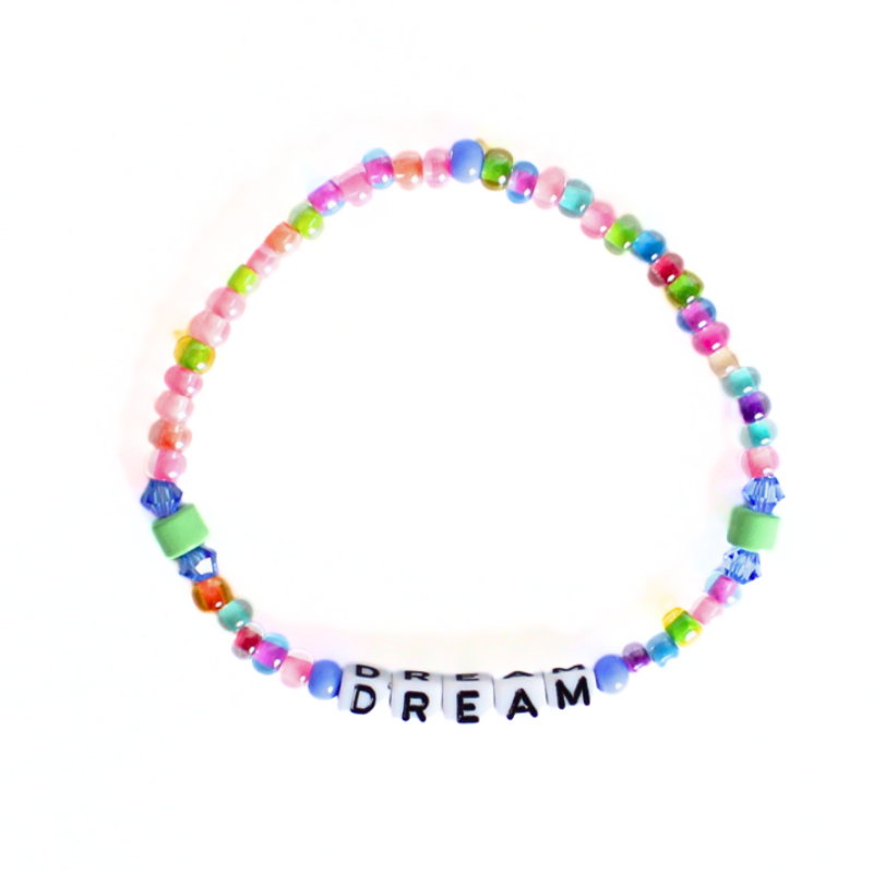 Dainty stretch word bracelet. Made with 5mm white with black letter cubed acrylic beads, 4mm blue and rainbows eed beads and green enamel cylinder beads. Letter beads can be personalized. Choose a name, initial or inspirational word to make it your own.