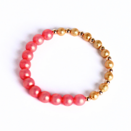 Red Shimmering Acrylic and Gold Pearl Beaded Bracelet