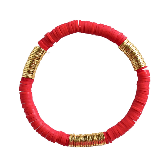 Red polymer clay heishi beaded stretch bracelet with gold flat beads.