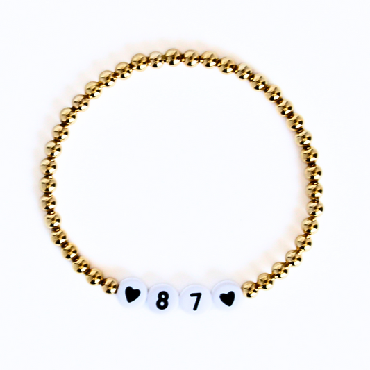 Custom Number 4mm Gold Beaded Bracelet with White Round Letter Beads