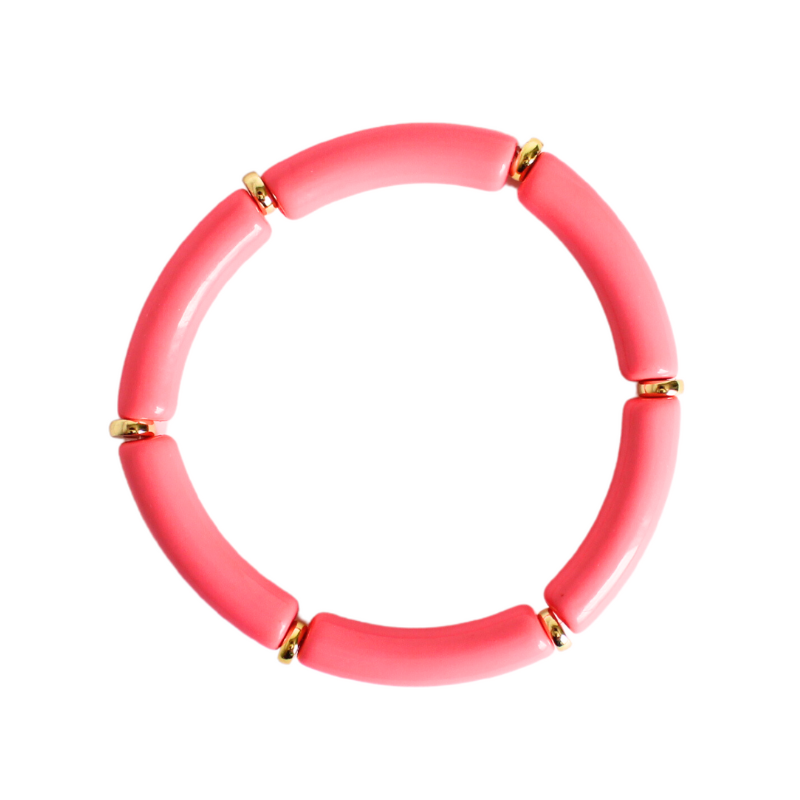 8mm watermelon marble acrylic tube bangle. Gold plated flat beads alternating after each acrylic tube. Chunky bangle style.