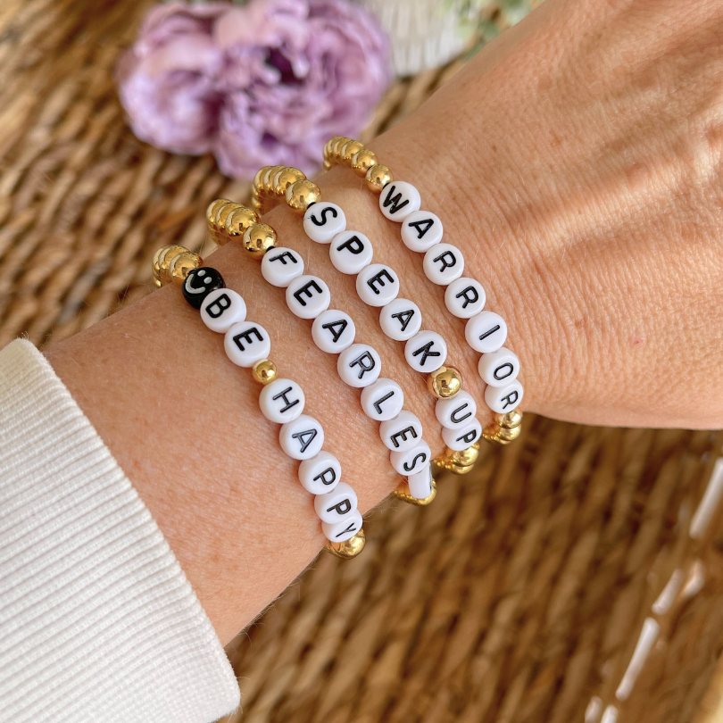 Speak Up 6mm Personalized Gold Beaded Bracelet with Round White Letter Beads