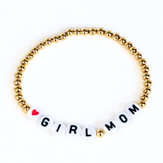 Girl Mom 4mm Gold Beaded Bracelet with White Round Acrylic Beads