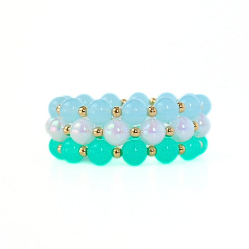 3-peice chunky acrylic beaded bracelet set.  Blue, green and white 12mm large acrylic beaded bracelets with 5mm gold-filled beads.