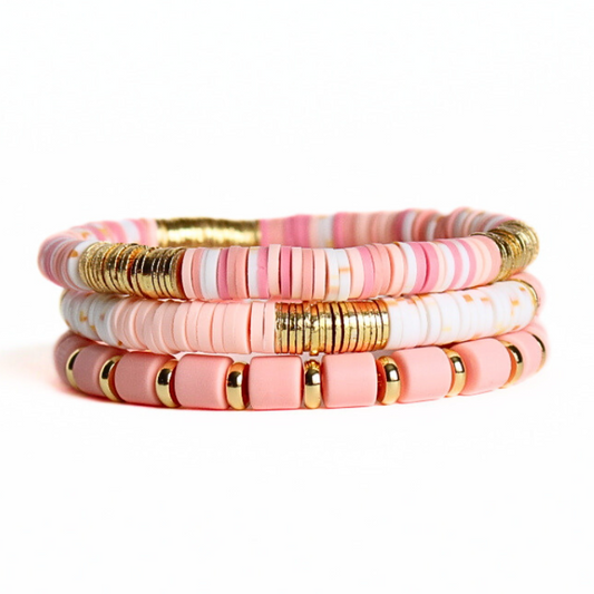 3-piece pink polymer clay beaded bracelet stack