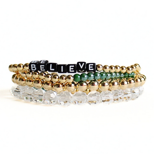 18k gold filled beaded stretch bracelet set with clear and green glass beads. This bracelet set has black cubed letter beads which can be personalized. This bracelet set has all the glitz and glam to complete that nighttime outfit. Also wear it for everyday wear!