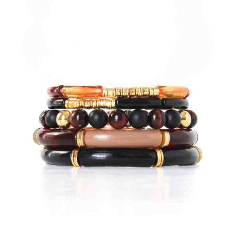 5-piece black and brown acrylic bracelet stack. Black and brown onyx and red's eye gemstone beaded bracelet with gold-filled round beads.