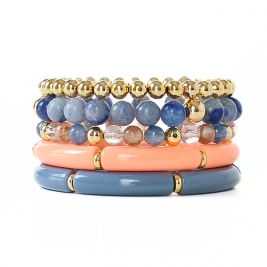 5-piece blue and peach acrylic bangle bracelet with 18k gold-filled beads, clear quartz and blue jade gemstones