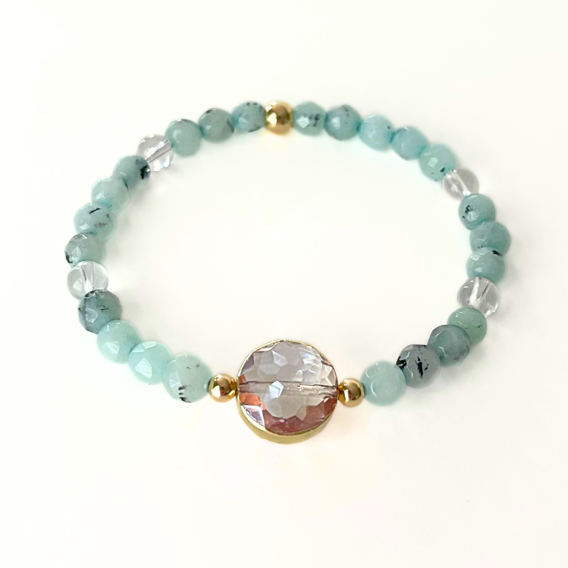 Blue gemstone agate beaded bracelet with a round crystal charm