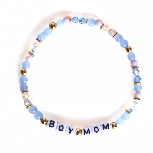 Blue beaded boy mom bracelet with crystal and gold beads.