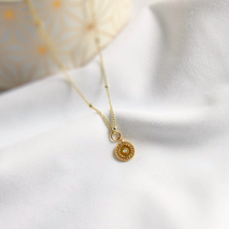 Dainty 14K gold filled satellite necklace with circular coin opal charm. Dainty necklace that can be worn every day and is water proof