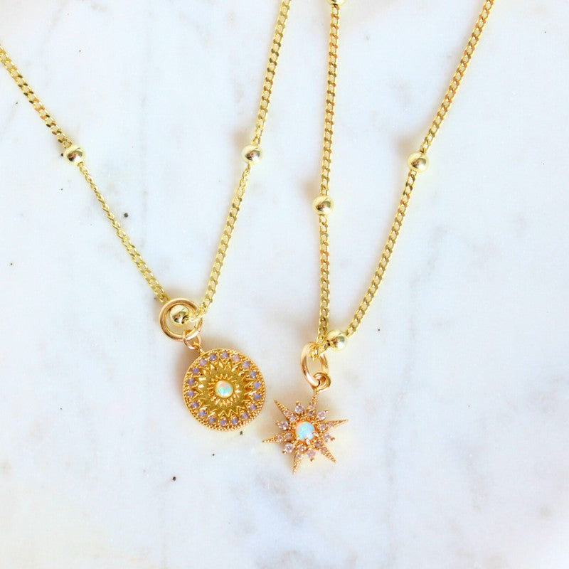 14K gold filled satellite necklace with starry opal charm. Dainty necklace that is water proof.