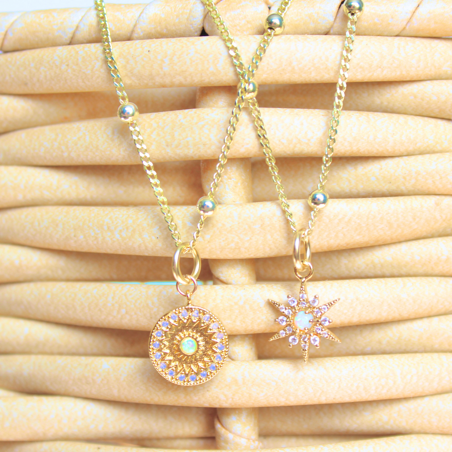 14k Gold Filled Satellite Necklace with Circular Coin Opal Pendant