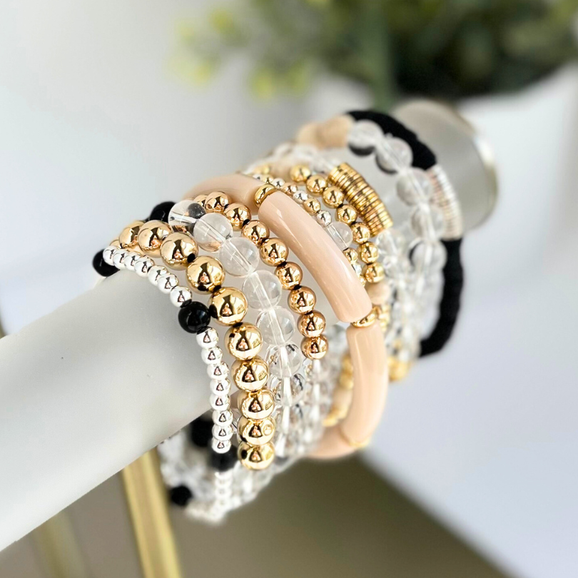 Kim Stacked Bracelet Set | Natural Wood Beaded Bracelets | Marble Ston –  Shop Suey Boutique