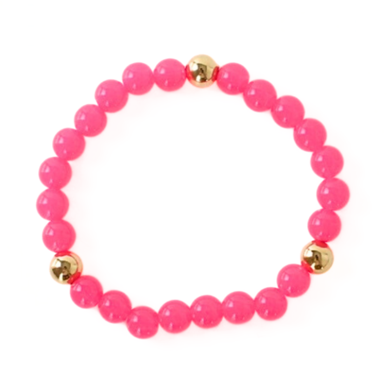 Single bright pink acrylic beaded bracelet. This bracelet has three gold filled beads.