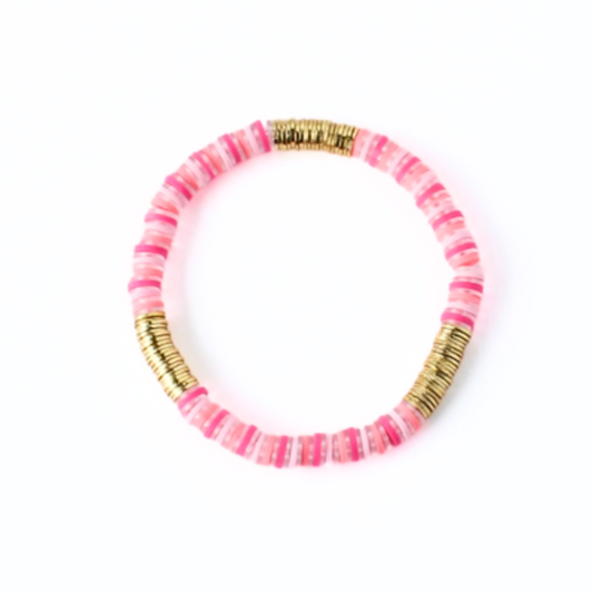 Pink striped polymer clay beaded stretch bracelet.  Designed with gold flat beads.