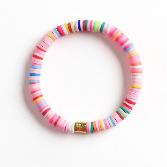 Bright rainbow polymer clay stretch bracelet.