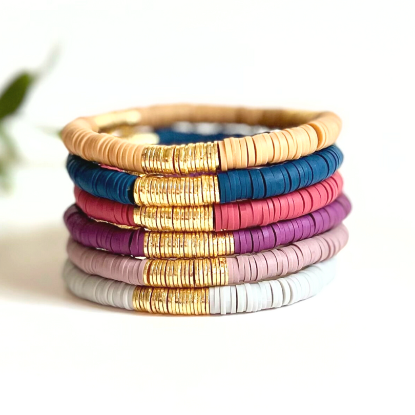 Blue rainbow polymer bracelet with gold flats