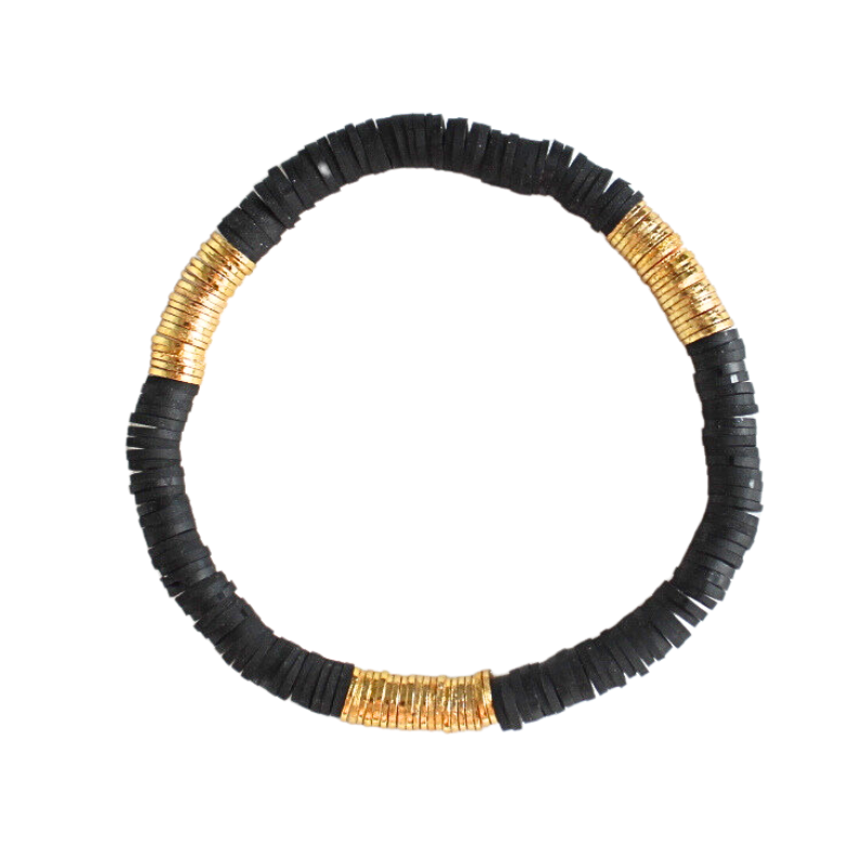 Single beaded nutral stretch bracelet for layering and stacking. Curated with black polymer clay beads and gold-plated flat beads, this classic bracelet will add a timeless look to any outfit or bracelet stack. Wear alone or add to any bracelet to create the perfect look.