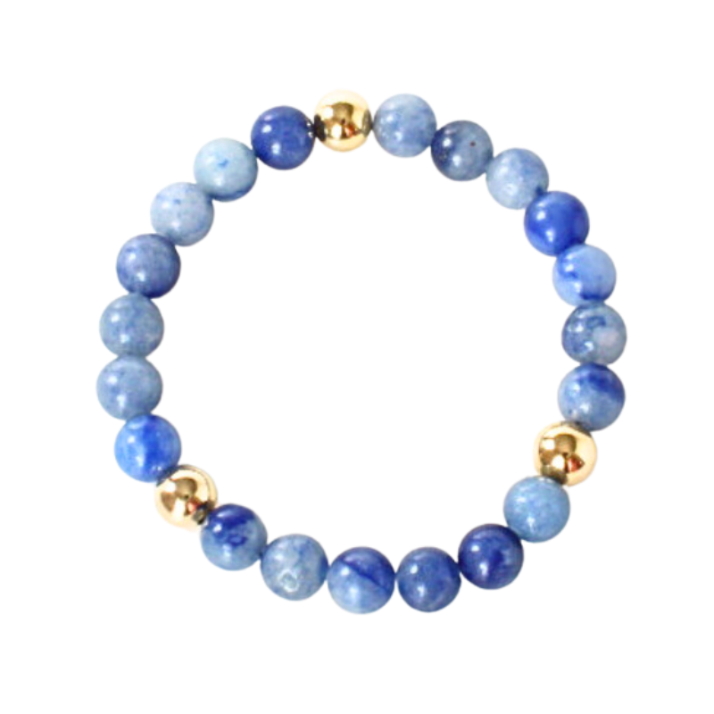 Blue quartz beaded stretch bracelet with 3 18k gold-filled beads.