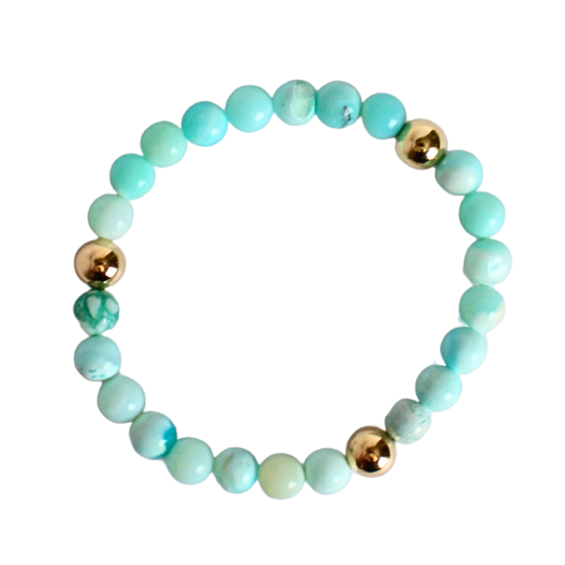 Blue opal gemstone beaded stretch bracelet with 6mm 18k gold filled beads.
