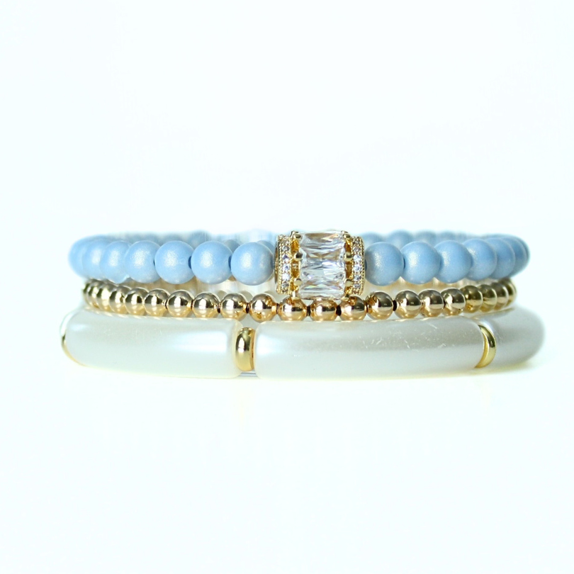 Blue Shell Pearl Bracelet with Gold Pave Crystal Bead