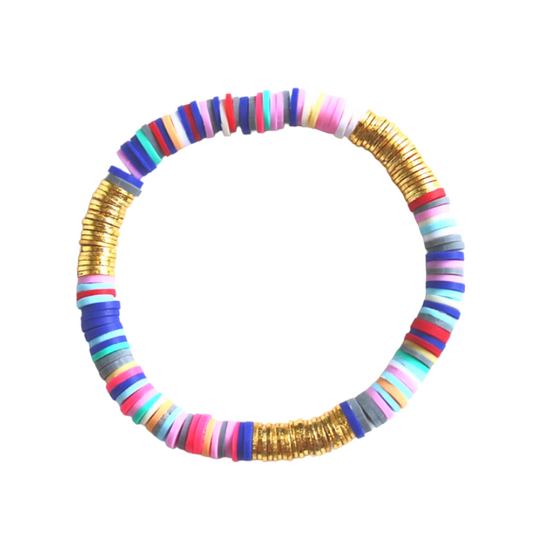 Blue rainbow polmyer clay beaded bracelet is designed with gold flat beads. This fun bead bracelet is perfect to wear alone or to any Elliot Lane bracelet. This stretch bracelet is made with premium elastic string and will last for years to come.