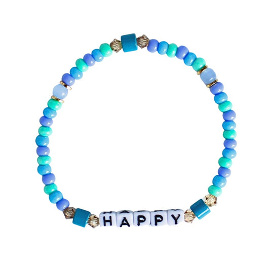 Dainty blue seed bead stretch bracelet with custom letter beads