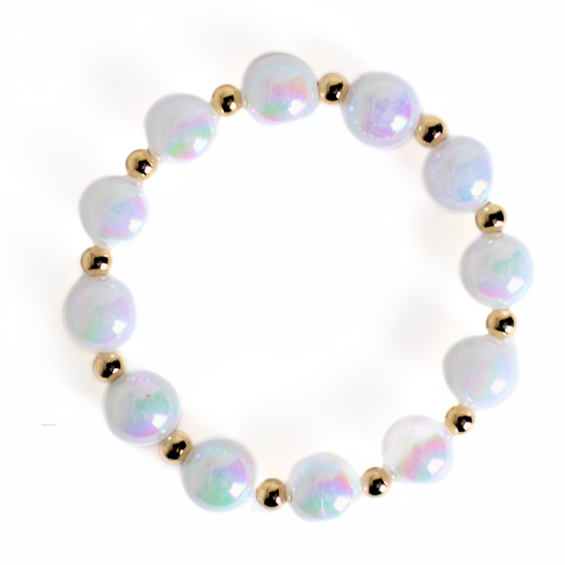 12mm large white iridescent acrylic stretch beaded bracelet with 5mm 18k gold filled round beads alternating with each white bead.