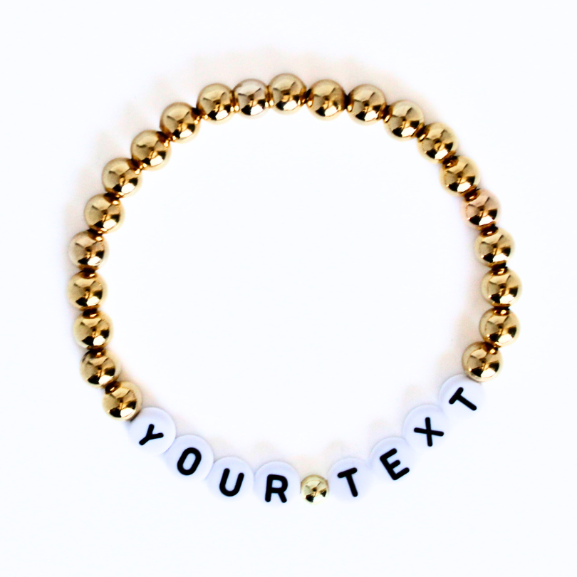 6mm Custom Gold Beaded Bracelet with White Round Letter Beads