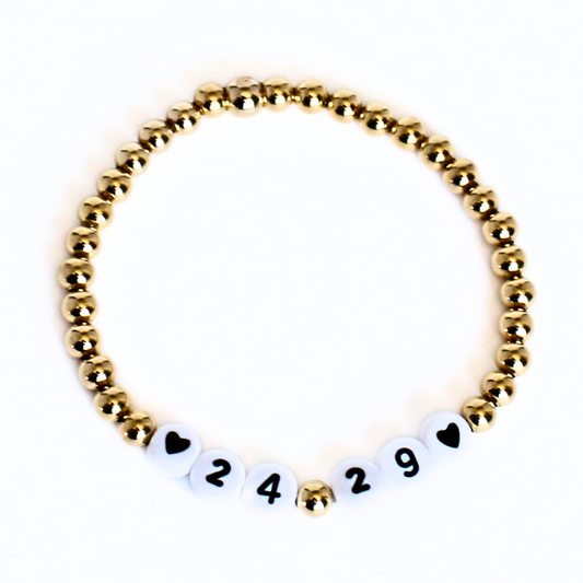 Custom 5mm Number Gold Beaded Bracelet with White Round Letter Beads