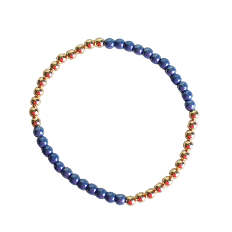18k gold filled beaded stretch bracelet with blue glass beads, tarnish resistant everyday wear bracelets that are versatile and durable
