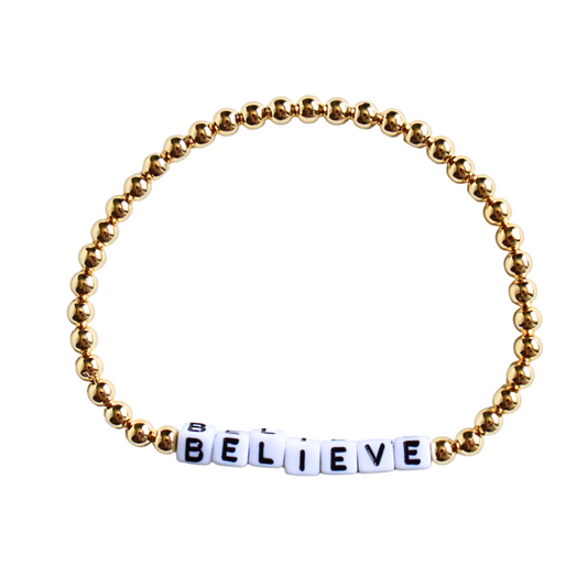 18k gold filled beaded stretch bracelet set. Designed with white acrylic cubed letter beads that can be personalized. Add any name, initials or inspirational work to make it special to you. Makes a perfect gift.